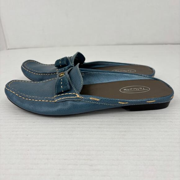 Talbots Mule Loafers Womens Size 7 Teal Blue Pebbled Leather Bow Detail Slip On - Picture 4 of 10